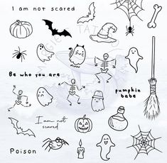 halloween doodles are drawn in black and white with the words, i am not scared