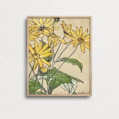 a painting of yellow flowers on a white wall with green leaves and bees flying around