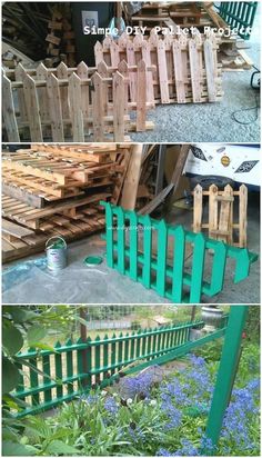 several pictures of different types of wooden fences in various stages of being used to build a garden fence