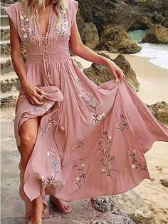 Women's Casual Dress Swing Dress Floral Print V Neck Long Dress Maxi Dress Boho A Line Street Holiday Short Sleeve Loose Fit Pink Blue Fuchsia Summer S M L XL 2XL 2024 - $27.99 Bohemian Print Dress, Boho Print Dress, Look Boho Chic, Printed Beach Dresses, Boho Chique, Floral Print Dress Long, Dress Sleeve Length, Dress Women Elegant, Bohemian Print