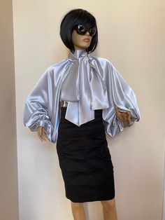 "This is a very stylish Womens Satin blouse. It is comfortable and cozy. Made for a free flowing fit. Great for all year around and for any special occasion or casual day can be dressed up or dressed down. SIZE CHART SIZE S - US 6, UK 8, EU 36 bust: bust around 34.5\"/90cm Waist: waist around 27.5\"/70cm Hips: hips around 34.5\"/90cm SIZE M - US 8, UK 10, EU 38 bust: bust around 37.5\"/95cm Waist: waist around 29.5\"/75cm Hips: hips around 37.5\"/95cm SIZE L - US 10, UK 12, EU 40 bust: bust arou Formal Silk Blouse With Gathered Sleeves, Fall Puff Sleeve Blouse With Bow, Fall Puff Sleeve Blouse With Bow Detail, Formal Silk Blouse With Puff Sleeves, Silk Blouse With Gathered Sleeves For Evening, Evening Silk Blouse With Gathered Sleeves, Silk Balloon Sleeve Formal Tops, Elegant Padded Blouse With Balloon Sleeves, Elegant Blouse With Padded Balloon Sleeves