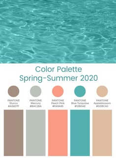 the color palette for spring - summer 2020 is shown in shades of aqua, peach and brown