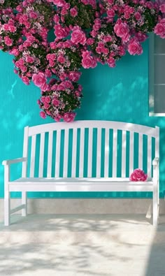 a white bench sitting in front of a blue wall with pink flowers hanging from it