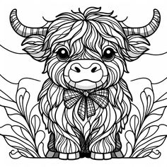 a black and white drawing of a cow with large horns