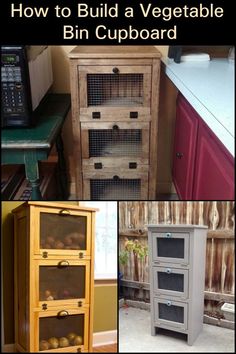 several different types of kitchen cupboards with the words how to build a vegetable bin cupboard