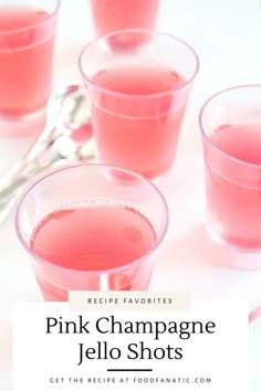 pink champagne jello shots in glasses with spoons on the side and text overlay