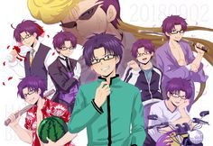 an anime character with purple hair and glasses holding a watermelon in front of his face