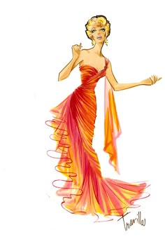 a drawing of a woman in an orange and pink dress with her hand on her hip