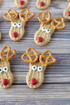 some pretzels are decorated to look like reindeers