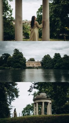 two different shots of a woman standing in front of a lake and an old building