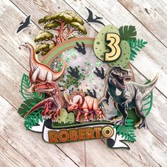 an image of a dinosaur birthday card with numbers 3 - 5 on it's side