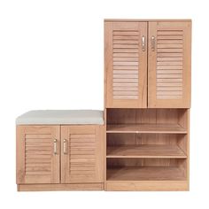 a wooden cabinet with two doors and a bench