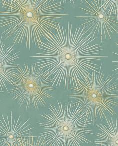 a green and gold wallpaper with large stars on the back ground, as well as an image of a sunburst