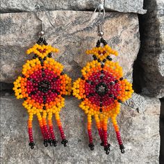 Handmade Earrings From Huichol Community In Mexico. This Community Sells It’s Art As A Way Of Living! Their Colors And Designs Are Beautiful And Will Look Great On You! Never Worn Orange Earrings With Black Beads As Gift, Orange Earrings With Black Beads For Gift, Yellow Beaded Earrings With Ear Wire For Festivals, Yellow Beaded Earrings For Festival, Yellow Round Beaded Earrings For Festival, Orange Dangle Earrings With Black Beads, Handmade Yellow Beaded Earrings For Festival, Yellow Bohemian Beaded Round Earrings, Yellow Round Bohemian Beaded Earrings