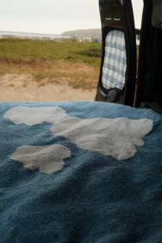 the interior of a vehicle with its door open and an area rug on the floor