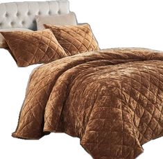 a bed with brown comforter and pillows on it's headboard, against a white background