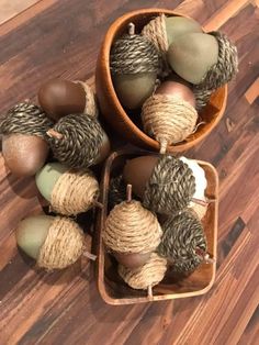 small wooden bowls filled with acorns and twine