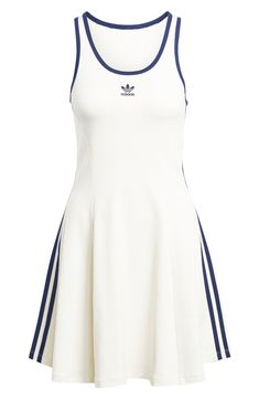 Embrace throwback style in this stretchy cotton tank dress designed in a fit-and-flare silhouette with the brand's timeless 3-Stripes at the sides. 34" length (size Medium) Scoop neck Unlined 93% cotton, 7% elastane Machine wash, tumble dry Imported Sporty Dress Outfit, Tenis Dress, Adidas Tennis Outfit, Lacoste Tennis Dress, Sporty Dresses, Adidas Tennis Dress, Cute Tennis Outfit, Tennis Dress Outfit, Adidas Clothes