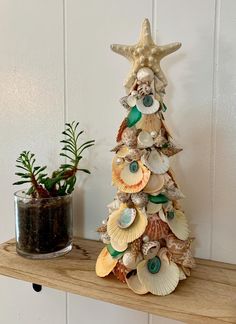 a christmas tree made out of seashells on a shelf next to a potted plant