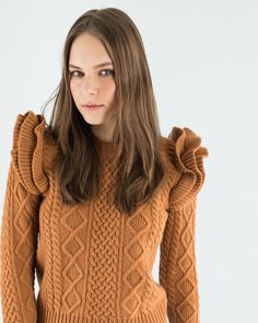 Ruffles blaze. The fisherman sweater with its soft yarn and its braided pattern marks our winter look but here, we decided to further celebrate it as a truly iconic and very feminine piece. Available in five super pop colors. This weekend's new-ins on www.lazzarionline.net and in our stores. #Lazzari #LazzariStore #LazzariGirl #fisherman #winterlook #ruffles #feminine Beachy Waves Hair, Italy Clothing, Braided Pattern, Italy Outfits, Fisherman Sweater, Whimsical Fashion, Light Academia, Soft Yarn, Winter Looks