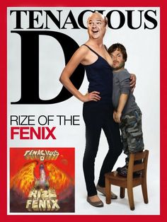 a magazine cover with a man and woman posing for the camera on top of a chair