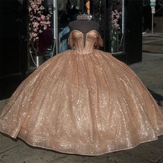 Glitter Rose Gold Princess Quinceanera Dress Bow Off Shoulder Crystals Beads Shiny Cinderella Sweet Gold Princess Dress, Rose Gold Quinceanera Dresses, Cinderella Sweet 16, Rose Gold Quinceanera, Quinceanera Dresses Gold, Rose Gold Princess, Sequin Ball Gown, Sweet 16 Dress, Glitter Rose Gold