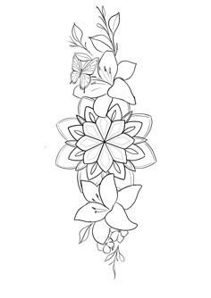 a line drawing of flowers and leaves