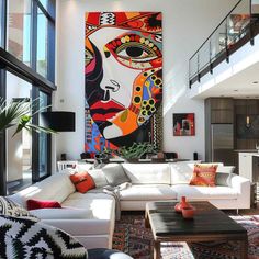 a living room filled with lots of furniture next to a large painting on the wall