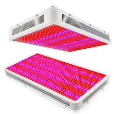 two large led grow lights with red and pink lighting on the bottom, one in white