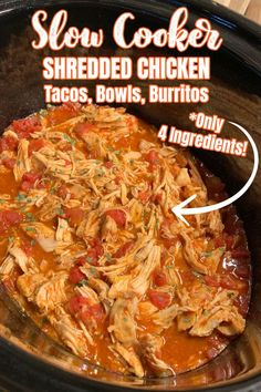 SLOW-COOKER SHREDDED CHICKEN TACOS AND BURRITOS - Just a few ingredients to make, so simple, so good. The only way I make chicken tacos and burritos!! Tender, juicy, delicious!! Shredded Chicken Tacos Crockpot Rotel, Shredded Fajita Chicken Crock Pot, Rotel Shredded Chicken Crock Pot, Juicy Shredded Chicken Crock Pot, Taco Bar Chicken Crock Pot, Shredded Chicken For Burritos, Chicken Burrito Crockpot Recipes, Juicy Crockpot Shredded Chicken, Easy Shredded Chicken Tacos Crock Pots