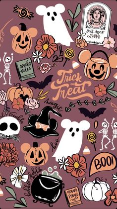 a bunch of halloween stickers that are on a purple background with the words trick or treat