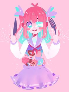 a girl with pink hair and glasses holding a knife and fork