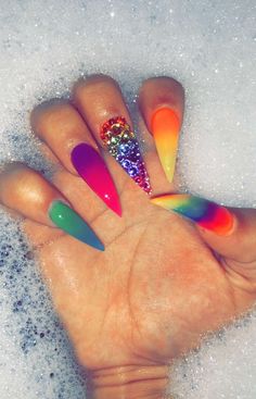 For More Poppin Pin👌🔥 Follow BBYG💍💙 Almond Dip Powder Nails, Almond Dip, Multicolored Nails, Long Almond, Rainbow Nails, Neon Nails, Dip Powder Nails, Bling Nails