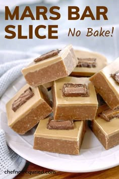 no bake mars bar slice on a white plate with text overlay that says mars bar slice no bake