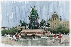 a watercolor painting of a fountain with people walking around it