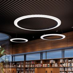 a library with several bookshelves and circular lights above the bookcases is shown