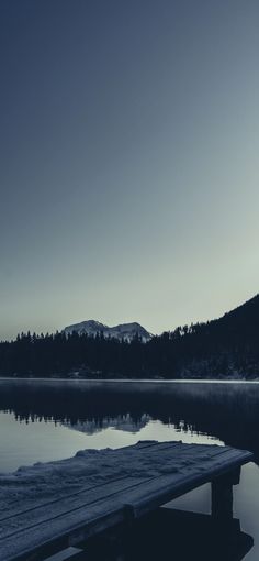 a wooden dock sitting on top of a lake next to a forest covered mountain under a blue sky