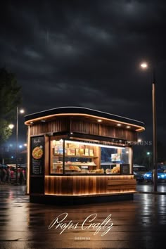 the food stand is lit up at night with dark clouds in the sky behind it