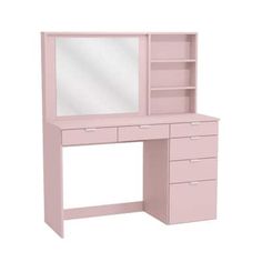 a pink dressing table with mirror and drawers on the bottom shelf, against a white background