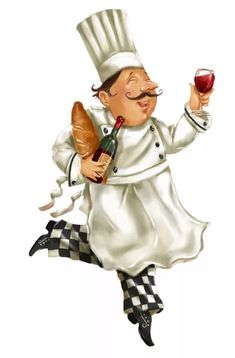 a cartoon chef holding a glass of wine and bread in one hand, with a mustache on the other