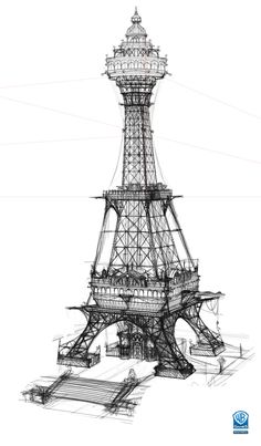 a drawing of the eiffel tower in black and white with scaffolding