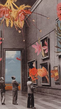 three people looking at paintings hanging from the ceiling in an art gallery with flowers and butterflies