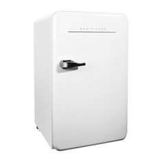 a white refrigerator freezer sitting on top of a white floor next to a wall