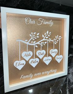 a family tree with hearts hanging from it's branches and the words, our family