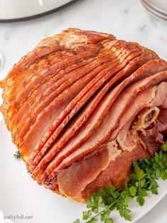 sliced ham on a white plate with parsley garnish and an instant pressure cooker in the background