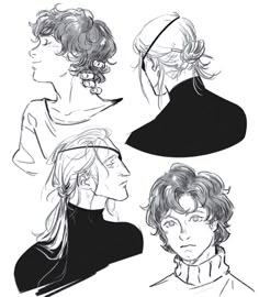 some drawings of people in black and white, with one man's head tilted to the side