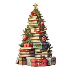 a christmas tree made out of books with presents underneath it and a star on top