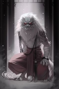 an image of a demon with chains around his neck and eyes, sitting on the ground