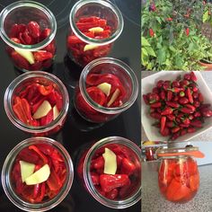 several jars filled with red peppers and cheese