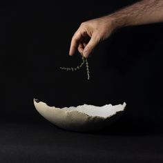 a hand is sprinkling herbs in an egg shell on a black background,